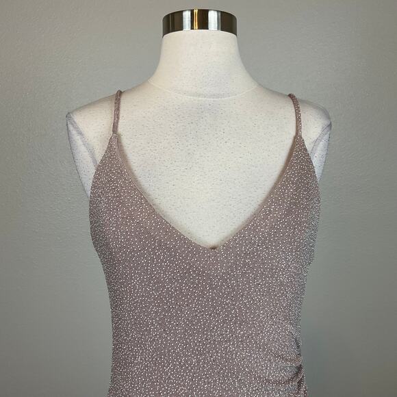 Betsy & Adam Metallic Knit Evening Gown Taupe Purple Size 6 Thigh Slit Formal - Picture 7 of 12